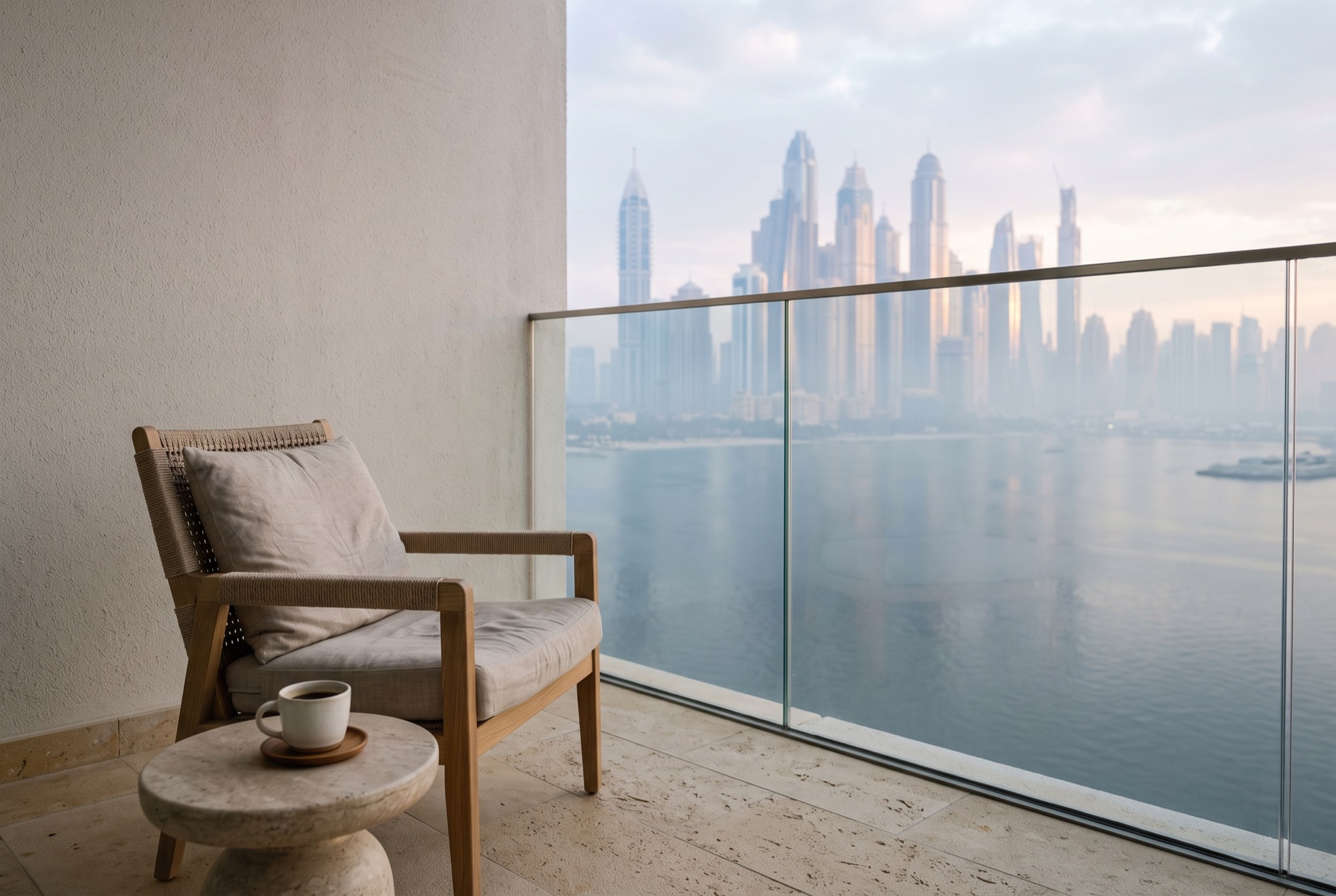 A quiet apartment balcony in the early morning with a chair, a table and a view over calm water