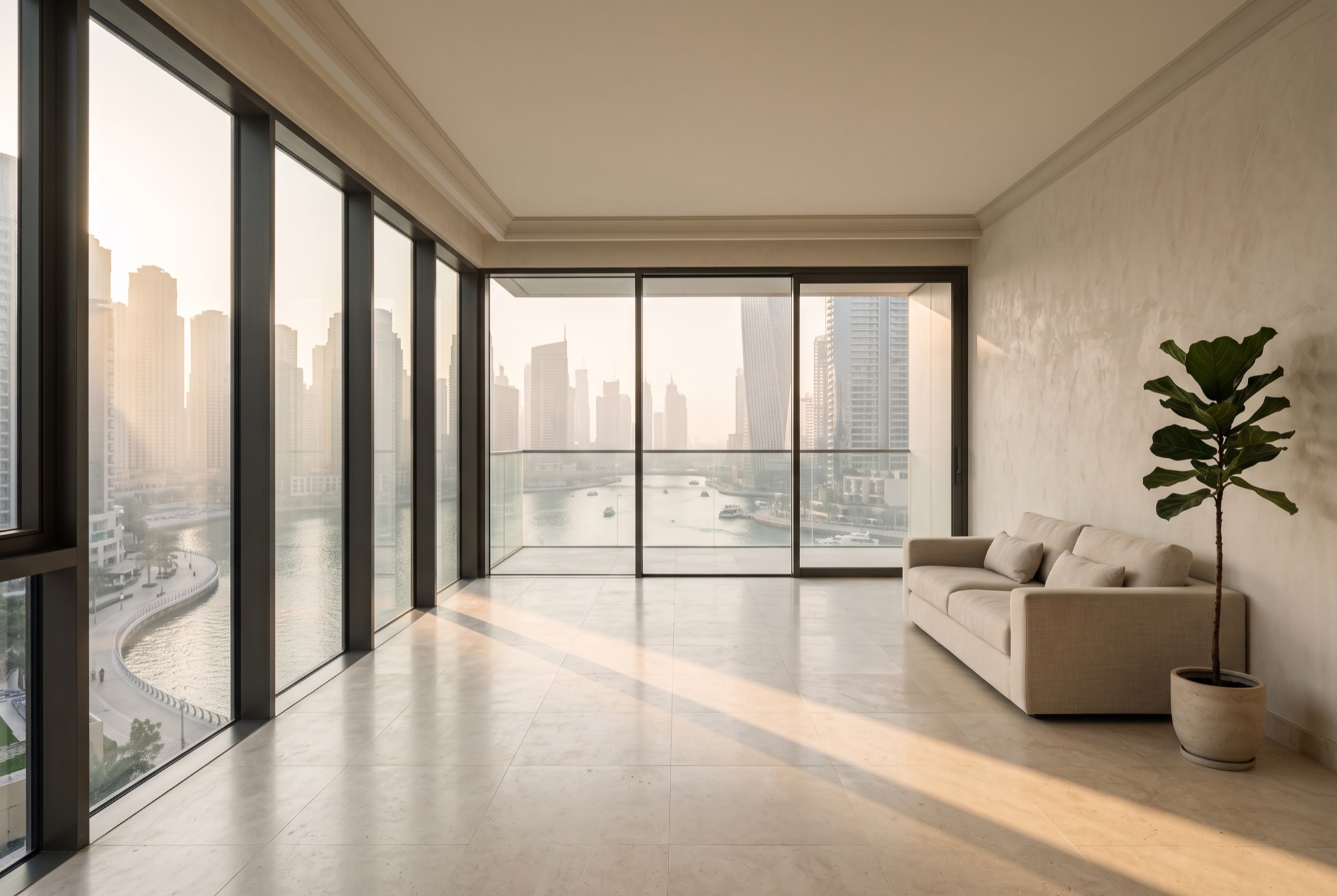 An empty new apartment at sunrise with floor-to-ceiling windows onto the marina