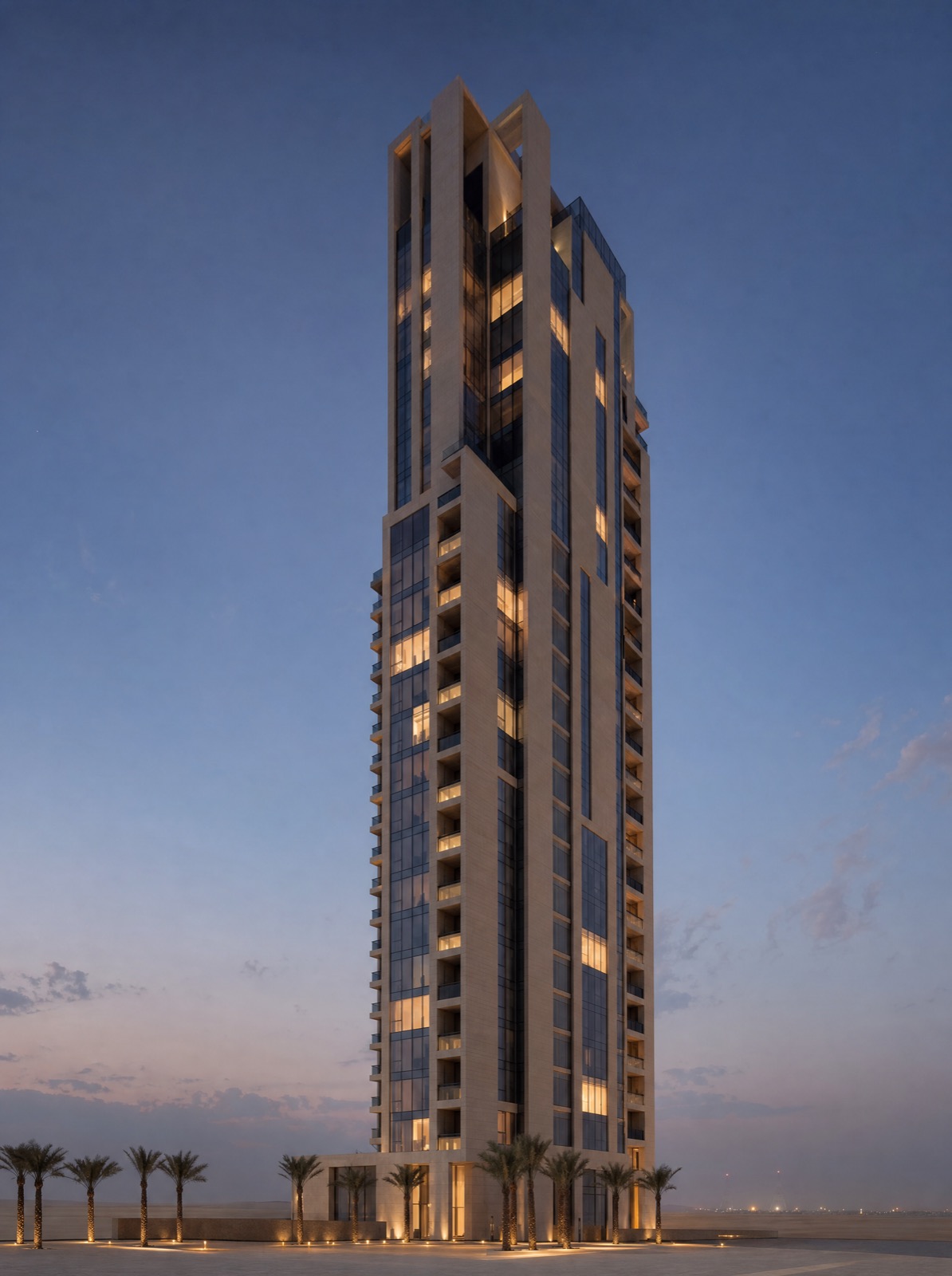 A slender residential tower at dusk with a third of its windows lit