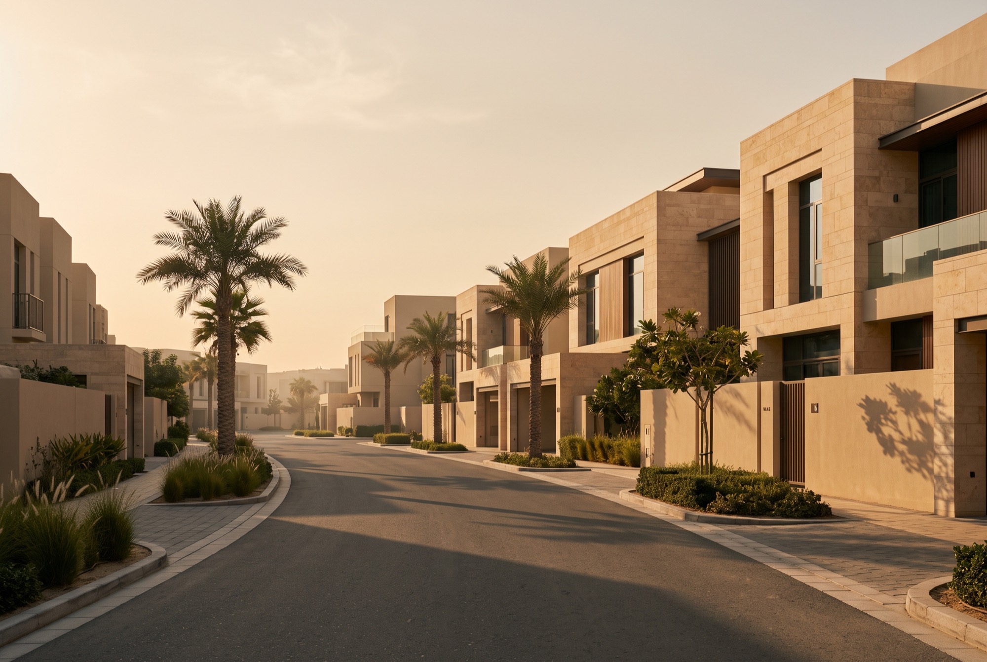 A quiet street of sand-toned villas at golden hour with palm shadows on the walls